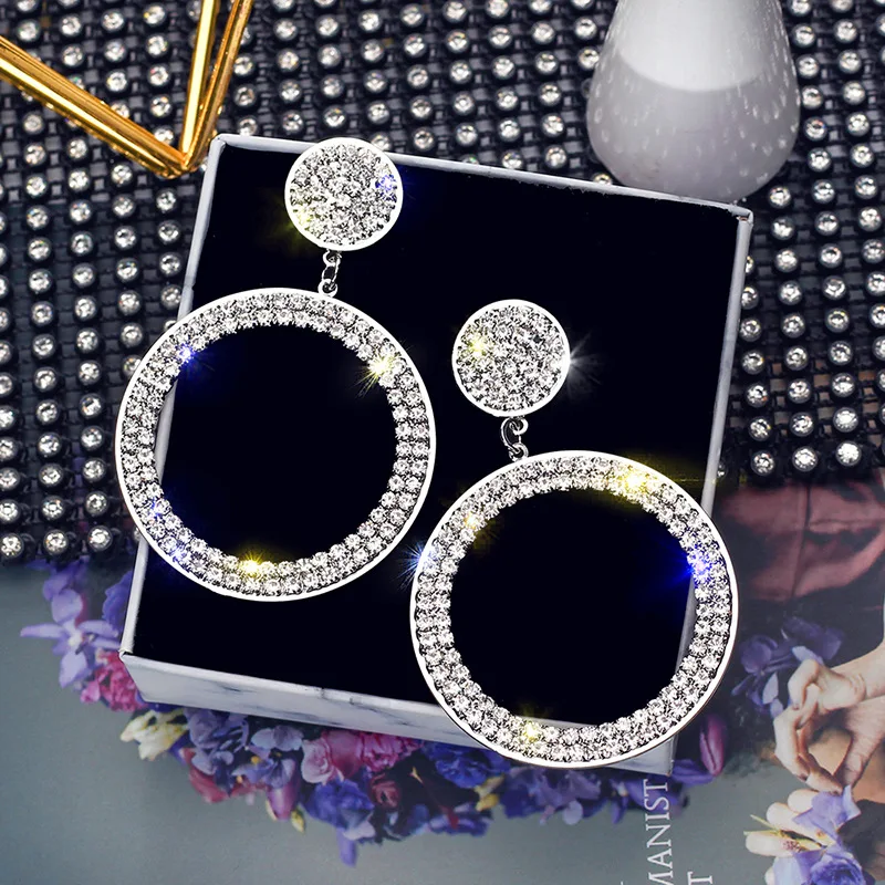 Fashion Shining Circle  Earrings Precision Inlay Gold Silver Color Color Rhinestone Earrings for Women Wedding Party Jewelry