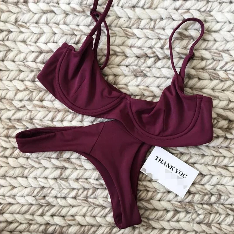 FS 2022 Sexy Solid Wine Red Wrap Triangle Swimwear Swimsuit Bikinis Sets Biquinis For Women Beach Wear Sling Bathing Suit S M L