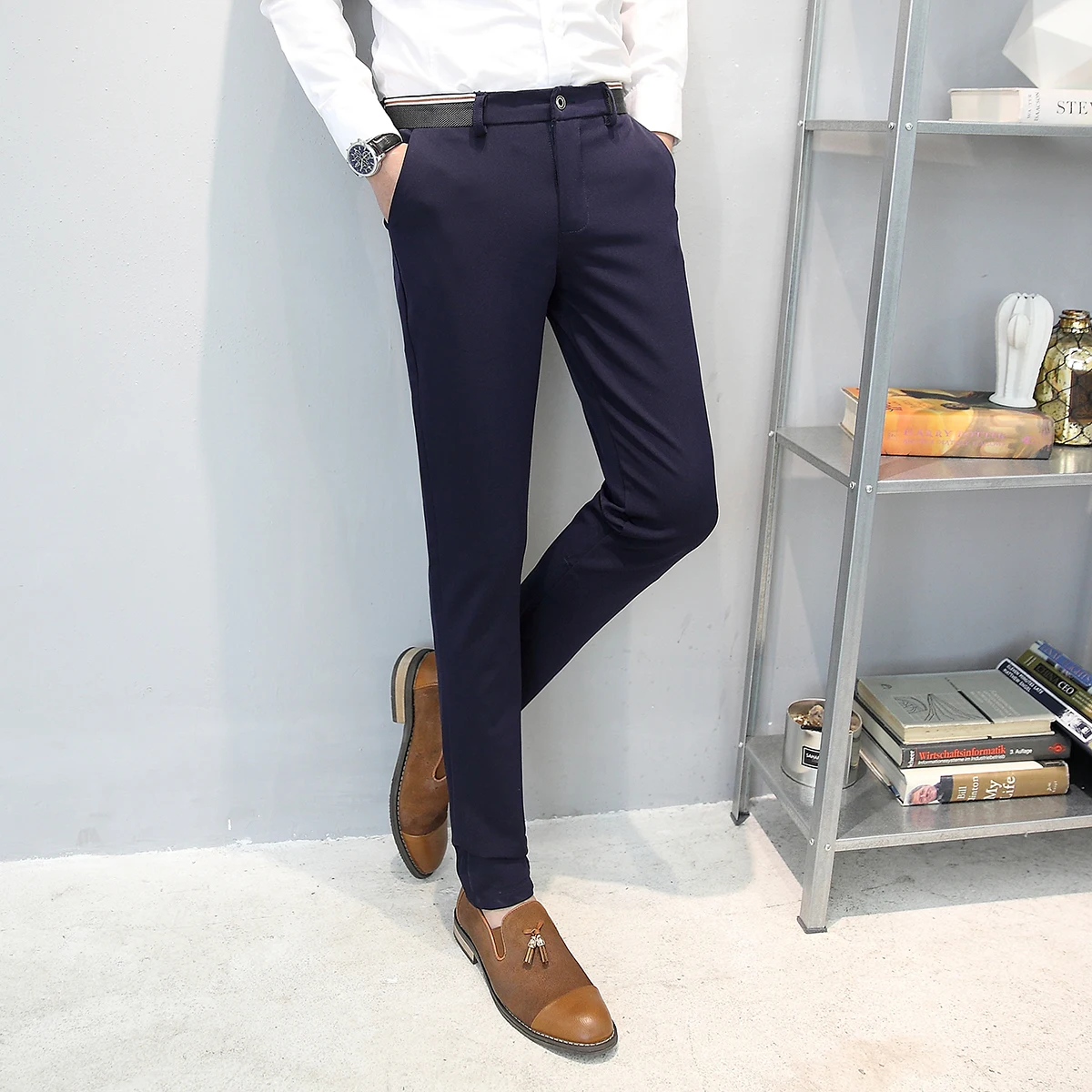 Pure Color Small Stretch Male Trousers  28 29 30 31 32 33 36 38 Black Navy Blue Fashion Business Casual Man Pants Slim Elegant