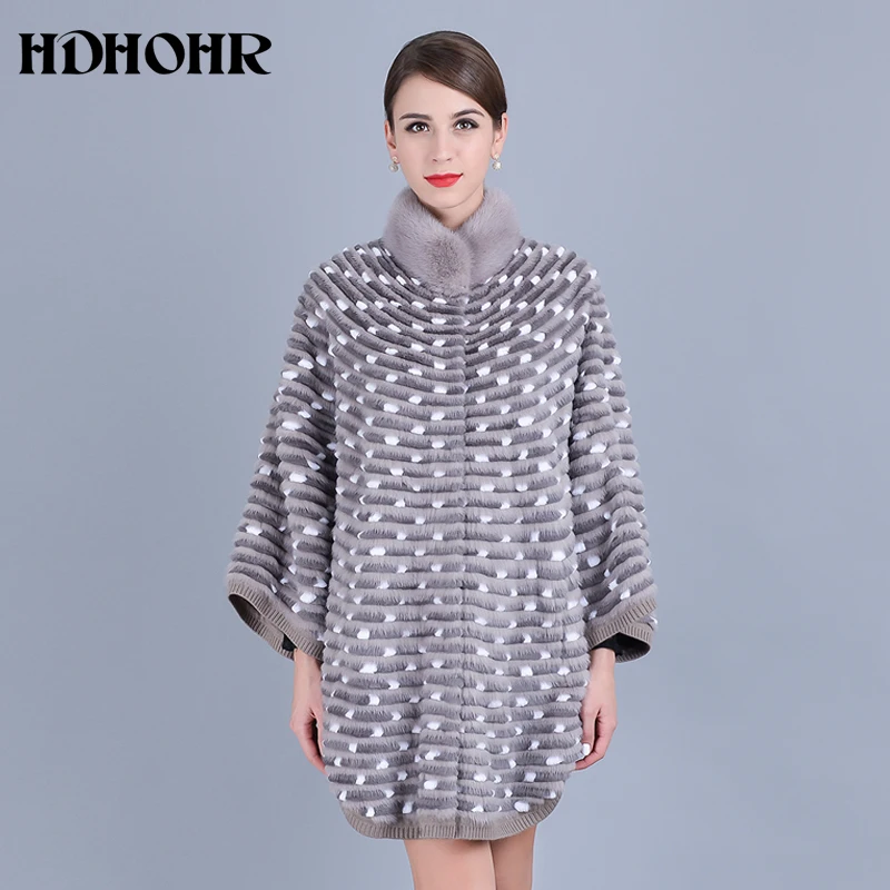 HDHOHR 2025 abrigo de piel de visón auténtica para mujer, abrigos de visón tejidos naturales, manga de murciélago, chaquetas de piel con cuello mandarín cálidas para invierno