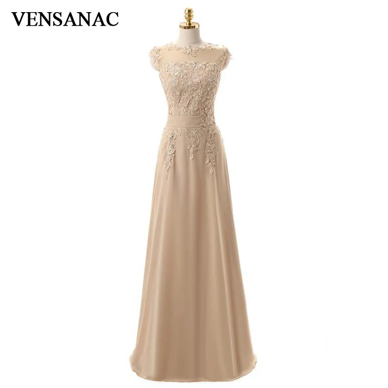 

VENSANAC 2018 Illusion O Neck Lace Appliques A Line Long Evening Dresses Party Beading Sash Backless Prom Gowns