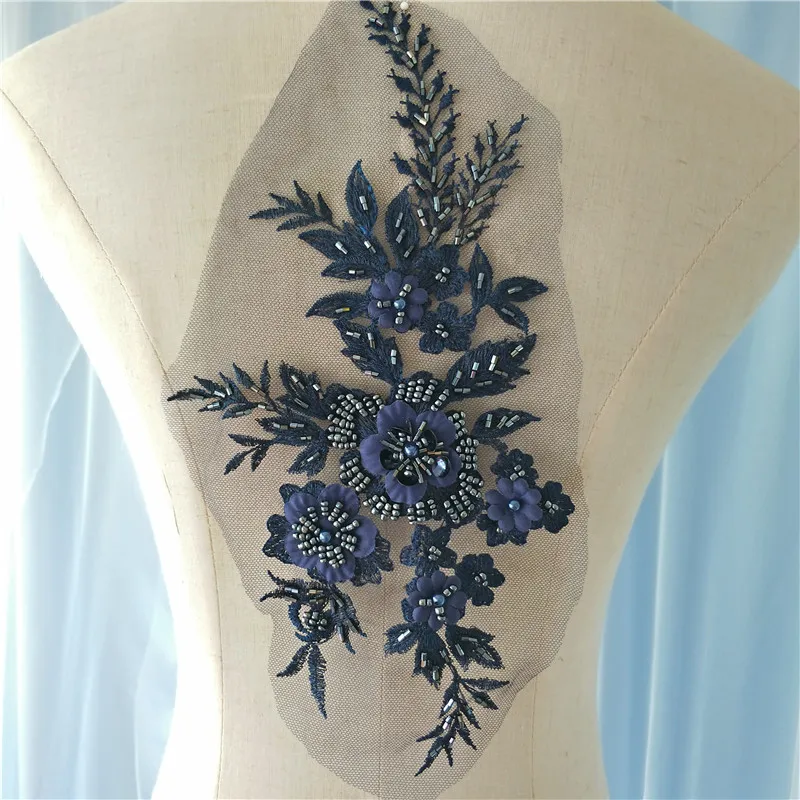 Elegant 3D Flower Embroidery Lace Applique, Pearl Beaded Lace, Trim Dress Fabrics, Material Colors, 28*16.5cm, 1 Pc