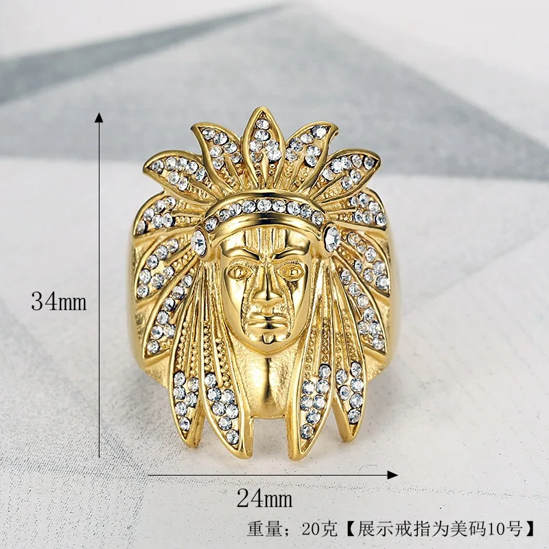 Micro Paved Rhinestones Ice Out Bling Indians Chief Ring Titanium Stainless Steel Rings for Men Hip Hop Rapper Jewelry