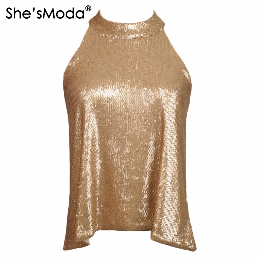 

She'sModa Biling Sequins Gold Halter Top Women's Spandex Club Party Tank Camis Vest