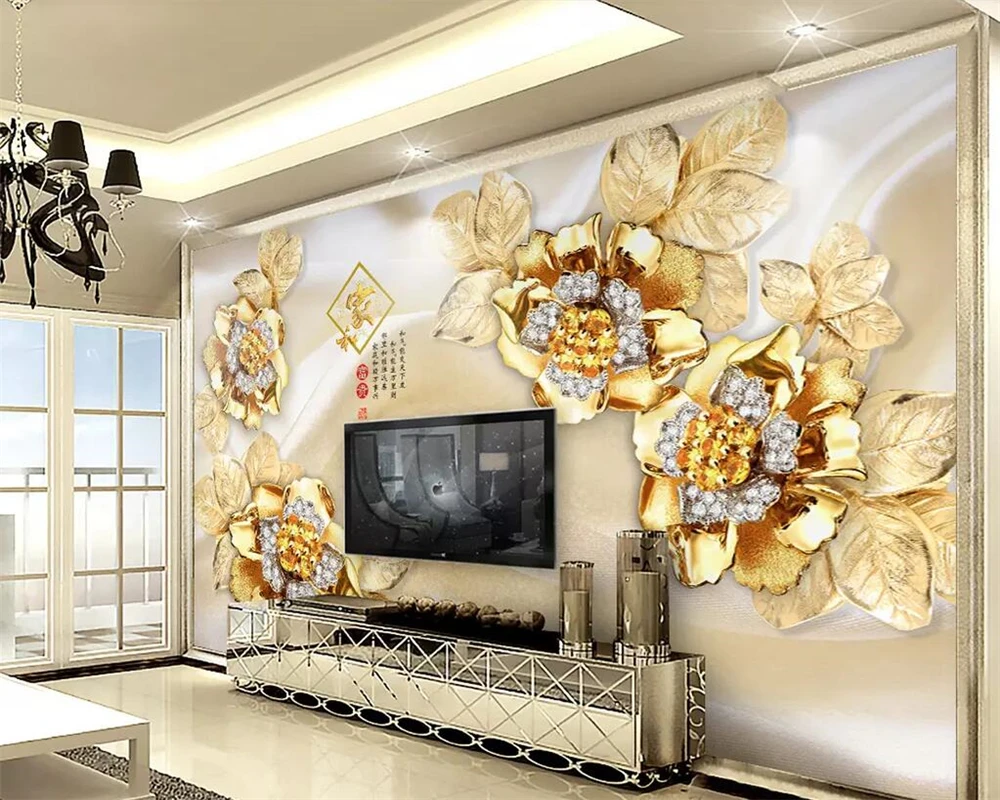 

Beibehang Mural wallpaper 3D three-dimensional luxury golden flower jewelry TV background wall bedroom living room 3d wallpaper