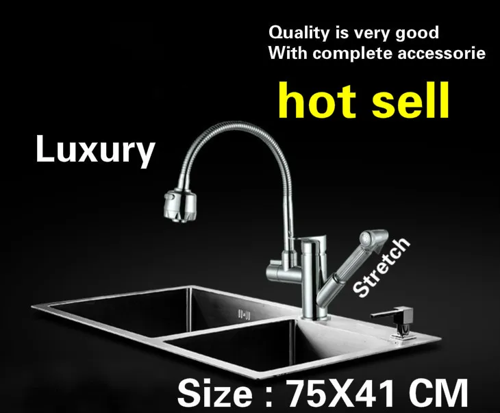 

Free shipping Household vogue durable luxury kitchen manual sink double groove 304 food grade stainless steel hot sell 75x41 CM