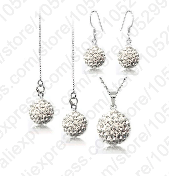 Wholesale Jewelry Sets 925 Sterling Silver 10MM Austrian Crystal Disco Ball Beads Necklace Chains Earring Ear Thread