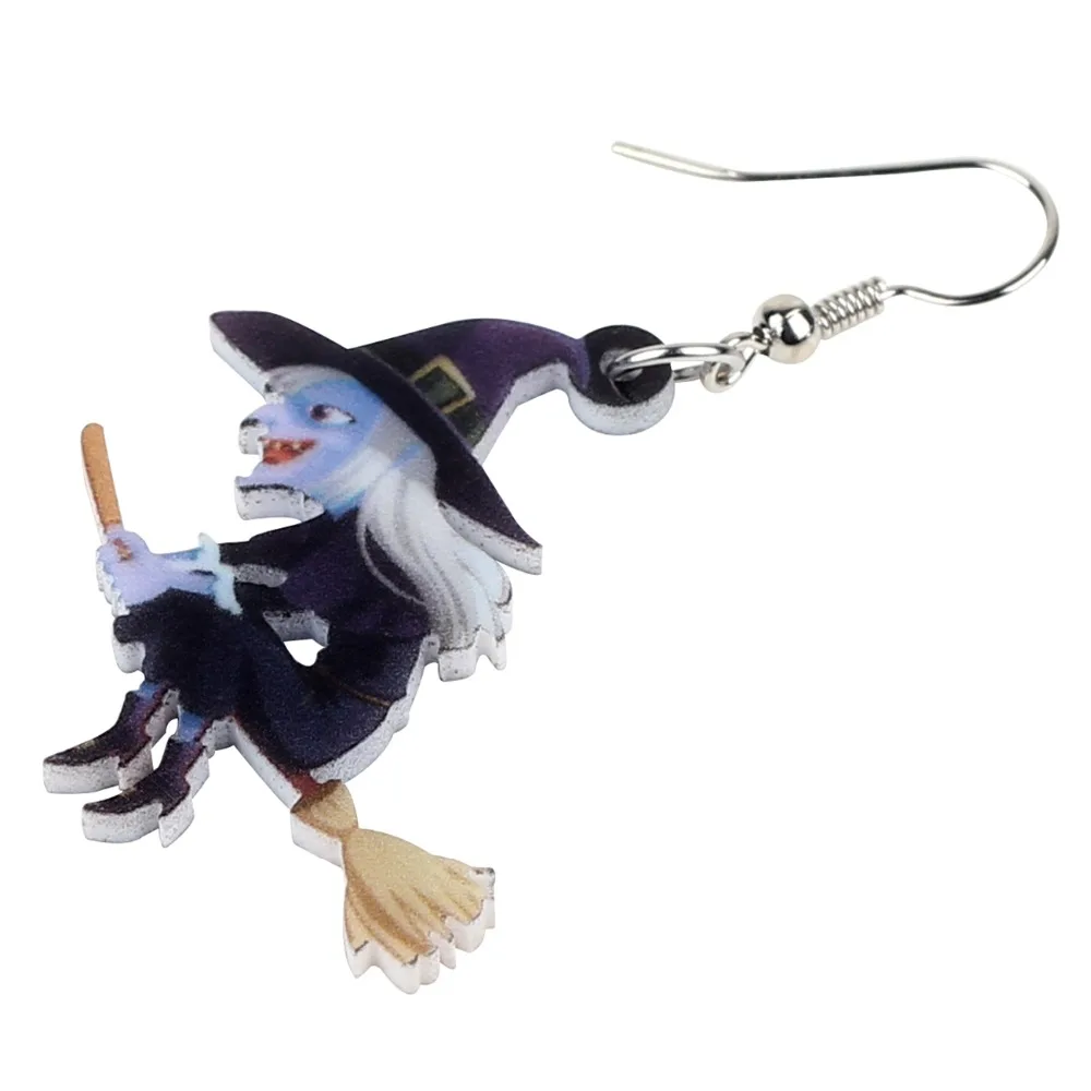 Bonsny Acrylic Animal Halloween Broomstick Witch Earrings Drop Dangle Fashion Cartoon Jewelry For Women Girls Teens Gift Charms