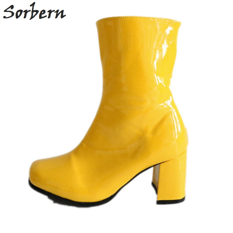 Sorbern Shiny Bright Yellow Ankle Boots For Women Square Toe Chunky Heeled Shoes Ladies Custom Colors Side Zipper Ladies Boots