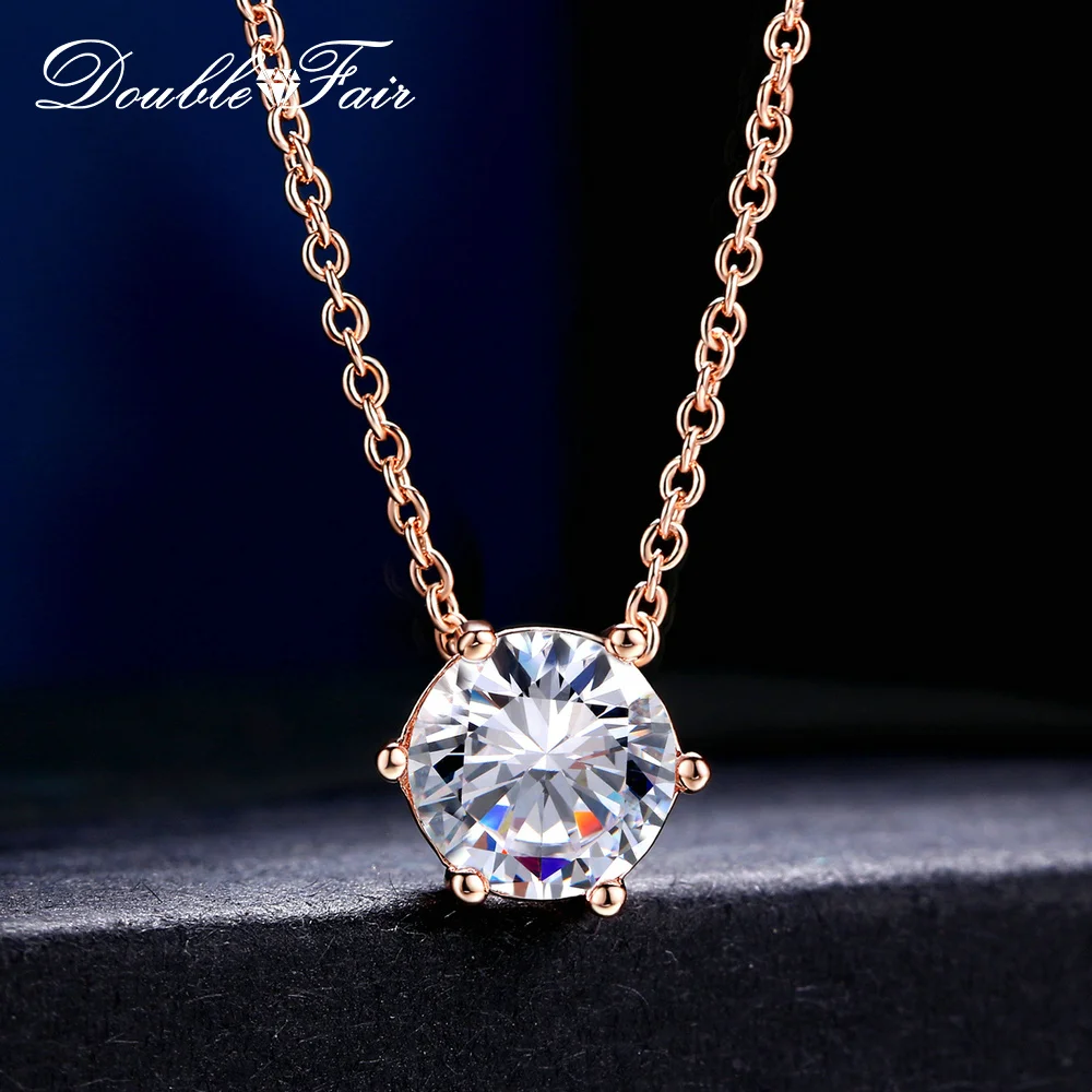 Double Fair Brand Simple OL Style 6 Claw Cubic Zirconia Necklaces Pendants Rose Gold Color Chain Jewelry Gift For Women DFN431