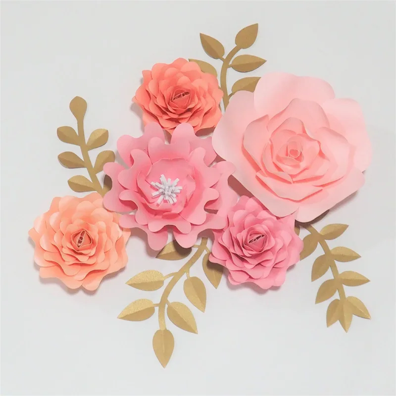 Pink DIY 5pcs Giant Paper Rose 4pcs Leaves Flores Artificiales Fleur Artificielle For Wedding & Event Backdrop Party Nursery