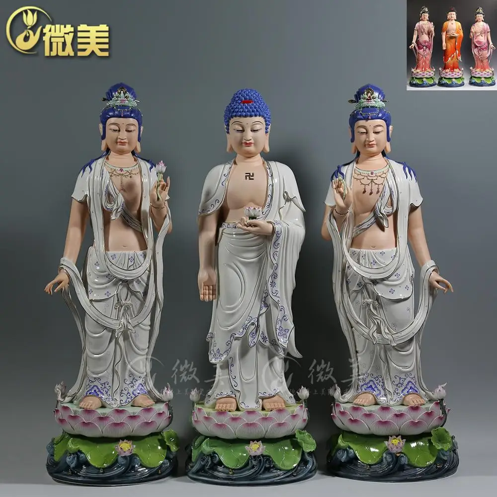 Dehua ceramic blue and white color 32 inch Sam West Avalokiteshvara Amitabha mahasthamaprapta painted statues and ornaments