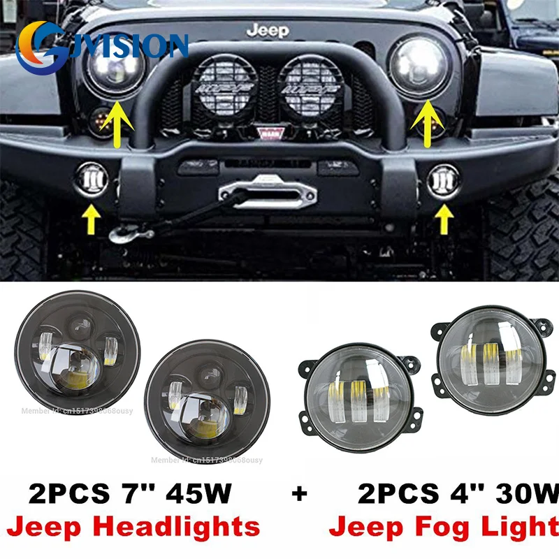 

Black 7'' LED Headlight H4 Hi/Low Auto Headlight + 4 Inch Led Fog Lights Projector Driving Light DRL For Jeep Wrangler JK