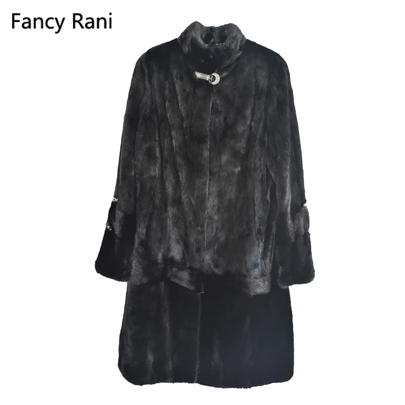 Fancy Rani Black Real Mink Fur Coat Mandarin Collar Thick Warm Genuine Winter Clothes Full Pelt Natural Fur Long Jacket Women