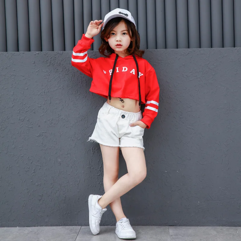 Kid Red Black Hoodie Sweatshirt Crop Top Long Sleeve Shirt for Girls Dance Clothes Hip Hop Clothing Costume Dancing Clothes