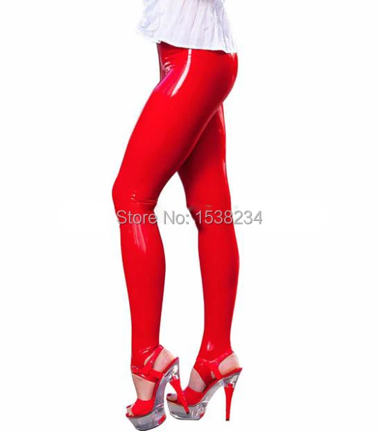 

Women Rubber Red Foot Pants Latex Trousers Stepping on Leggings High Waist Crotch Zip