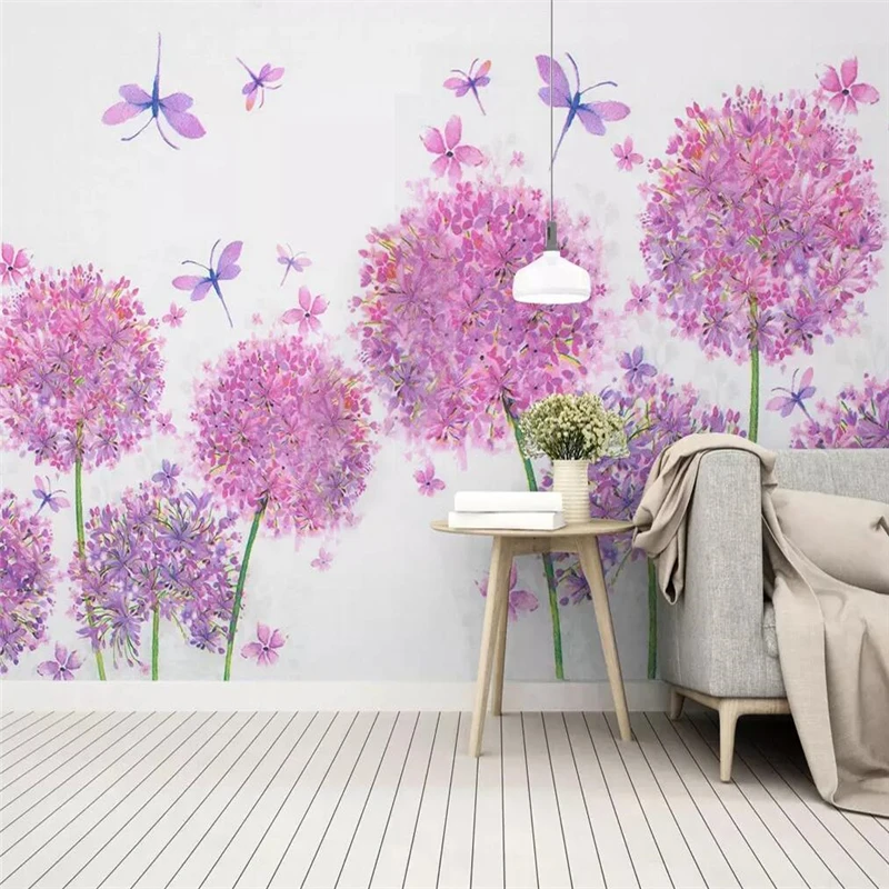 

Decorative Wallpaper Modern Pink Hydrangea Leaf Dragonfly Background Wall Painting