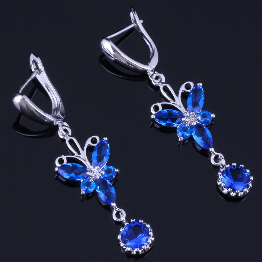 Absorbing Long Butterfly Blue Cubic Zirconia Silver Plated Drop Dangle Earrings V0796