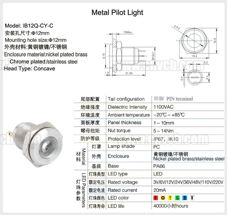 IN103 muchos colores 12mm 24V impermeable IP67 lámpara piloto