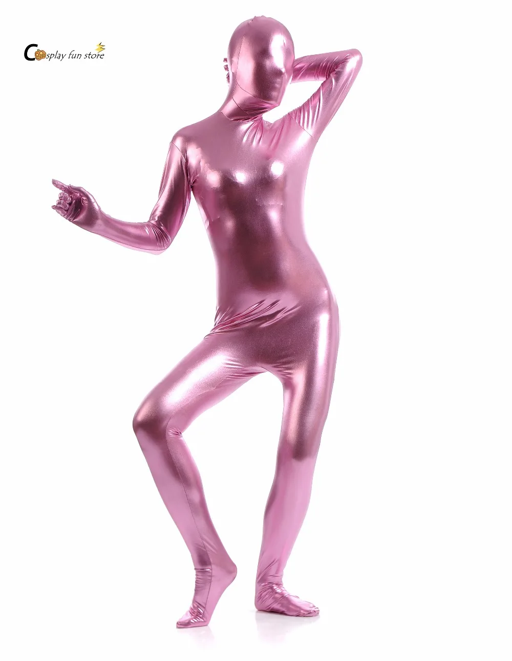 Kostenloser Versand Bodysuit Metallic glänzend rosa Damen Unitard Cat suits Metallic Fuß Reiß verschluss Zentai Bodysuit kann anpassen