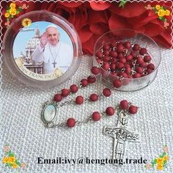 Free shipping perfumer rose scent red beads catholic rosary necklace, religious rosary with cross pope center&plastic saint case