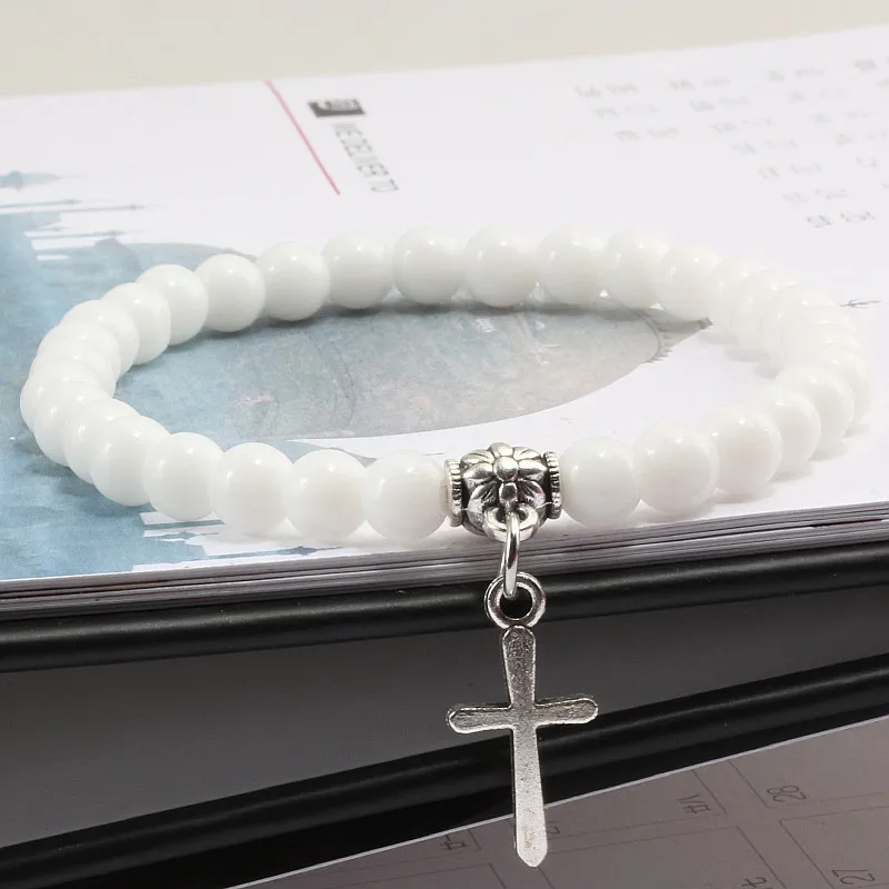 Trendy Men Natural Stone Bracelet Charm Matte Black Cross Beaded Bracelets&Bangles Women Yoga Strand Chain Couple Jewelry Gifts