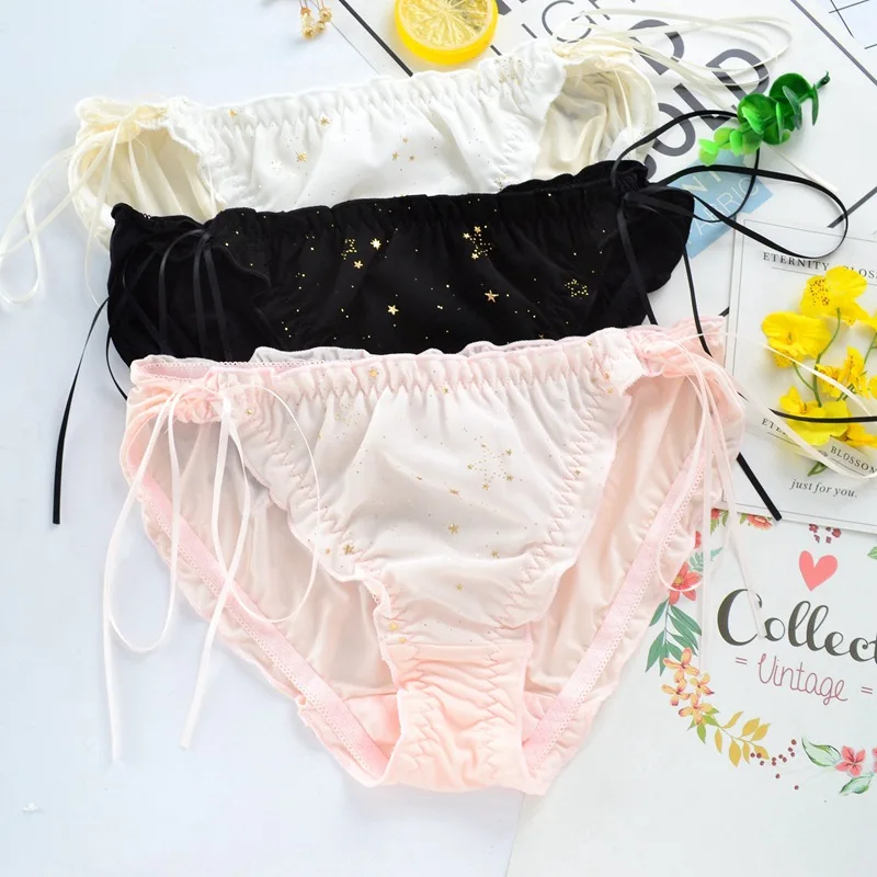 Ice Silk New Hot Stamping Star Ribbon Cute Women Underwear Middle Waist Seamless Ruffle Female Panties Princess Lingerie Breifs