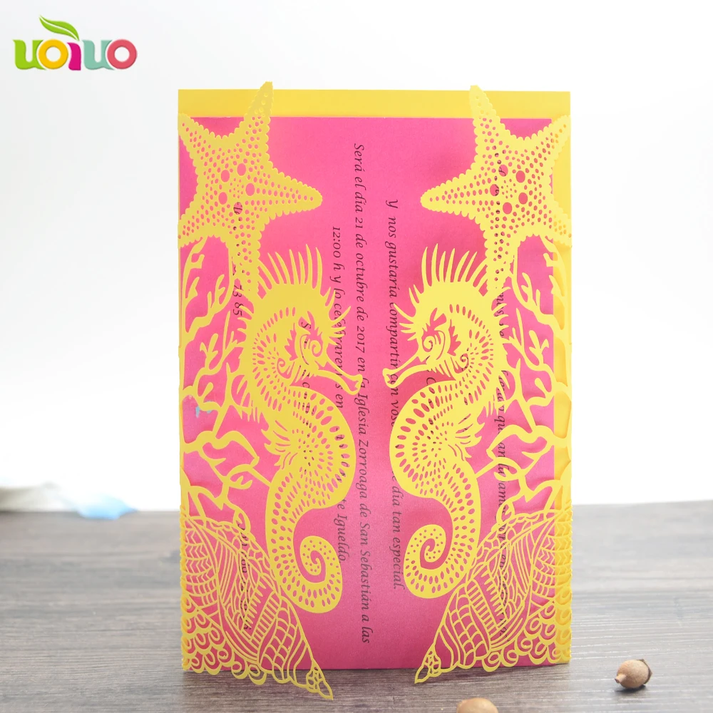 Popular Favorate Beach Wedding Decoration Laser Cut Seahorse and Starfish Invitation Cards Various Colors 10sets