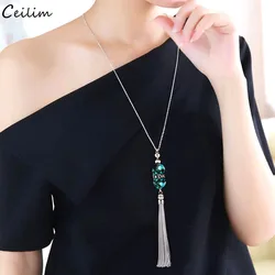2024 New Crystal Bead Sweater Chain Necklace for Women Fashion Silver Color Tassel Pendant Long Necklace Statement Neck Jewelry
