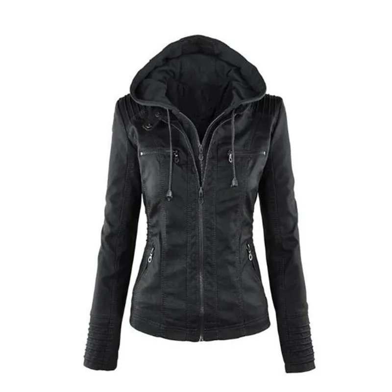 2023แฟชั่นฤดูหนาวหนังสังเคราะห์แจ็คเก็ตสตรีเสื้อแจ็คเก็ตพื้นฐาน Hooded แบบบางสีดำรถจักรยานยนต์เสื้อคลุมสตรีหญิง XS-7XL