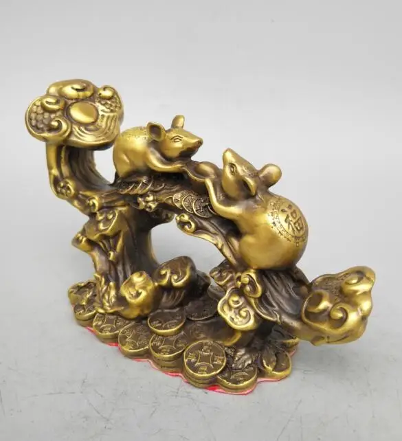 China seiko carving brass ganoderma coin mouse wealth statue