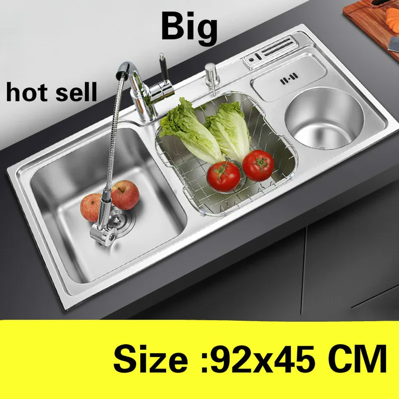 

Free shipping Apartment kitchen double groove sink wash vegetables standard durable 304 stainless steel big hot sell 92x45 CM