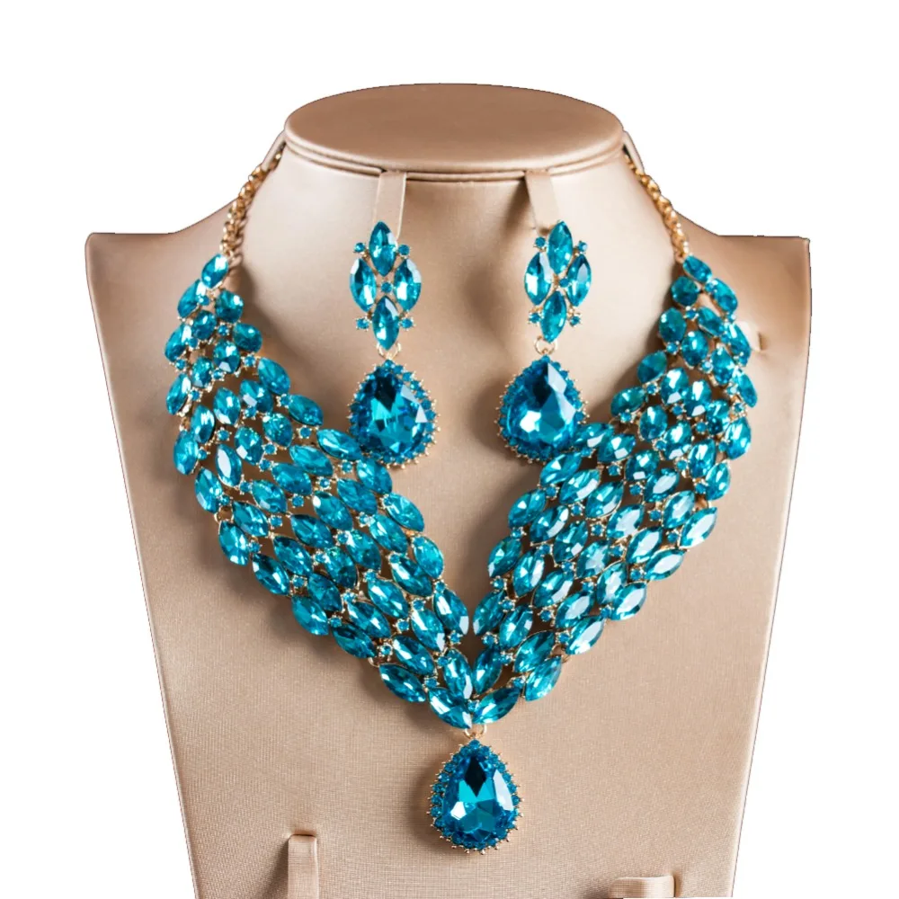 LAN PALACE beautiful light blue africa nigeria  jewelry set gold color glass necklace and earrings for wedding  free shipping