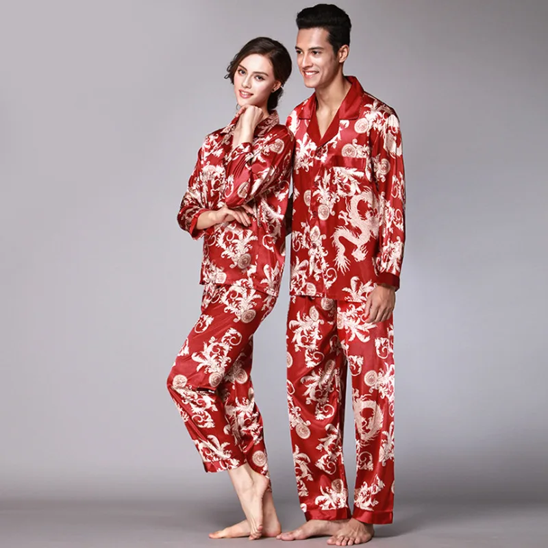 Men and Women's Paisley Silk Pajamas Set, Sleepwear, Long-sleeved Tops and Trousers Suit, Print Home Clothes, Red, Couple