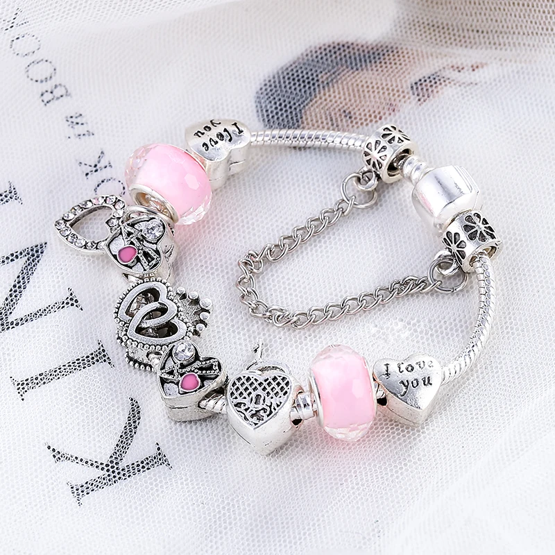 BAOPN European Pink Heart To Heart Beads Charm Bracelets For Women Fit Brand Bracelet & Bangle Couple Jewelry Dropshipping