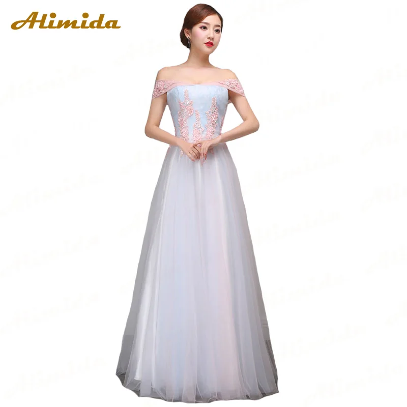 

ALIMIDA Long Evening Dress 2020 Appliques Lace Prom Dresses Off the Shoulder A-Line Party Dress Sexy V-Neck robe de soiree