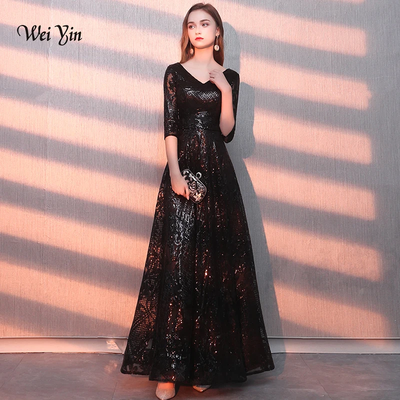 

wei yin Vestido De Festa Longo Sexy V Neck Black Sequined Evening Dresses Half Sleeves A-Line Zipper Long Party Gown WY1164