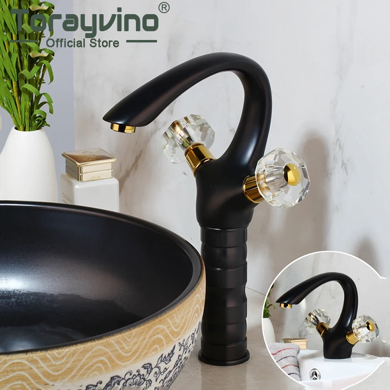 

Torayvino Black Bathroom Faucet Basin Sink Dual Handles Deck Mounted Faucet Hot Andl Cold Mixer Water Tap Bathtub Washbasin Tap