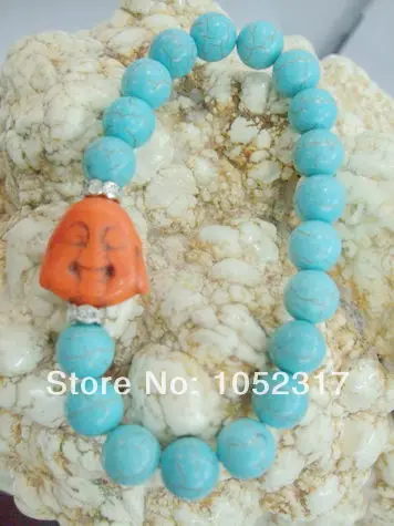 6pcs 10mm stone howlite Bead inlay Orange Buddha Head Shining Rhinestone Bracelet Elasticity Adjustable Style