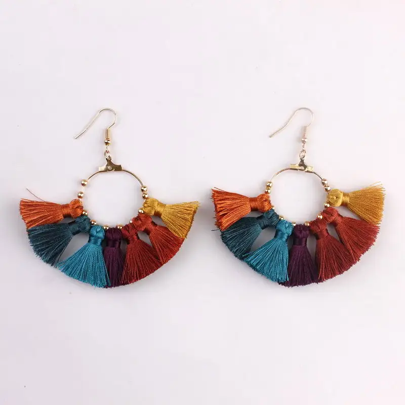 Trendy Fashion 6 Style Rainbow Fringe Tassel Drop Earrings Geometric Hallow Circle Alloy Dangle Drop Earrings for Woman Jewelry