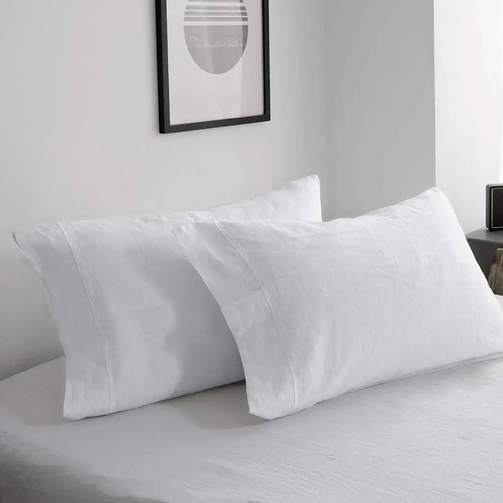 SIMPLEOPULENCE 100% Pure Linen Sheet Set With Embroidery Soft White Gray 4pcs Include Flat Sheet Fitted Sheet Pillowcase