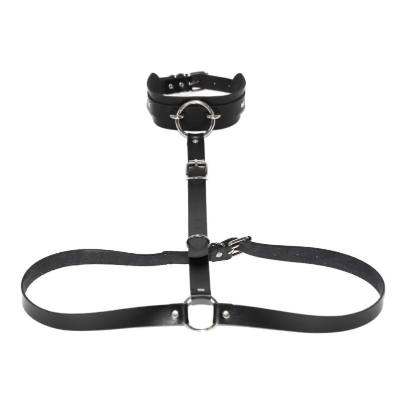 harness punk metal ring wide collar around neck adjustable buckles waist belts Leather cool sexy women Dark Rock street strap