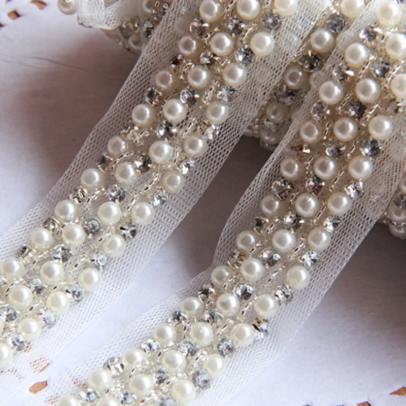 5Yards 2cm Fake Pearl Beaded Lace Trim Vintage Mesh Fabric Rhinestone Trim Trimming Applique For Accessories