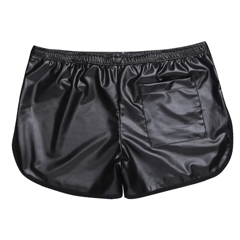 Men\'s Shiny Faux Leather Hot Boxer Short Pants with a Back Pocket Fashion Black Elastic Waistband Wetlook Stretchy Shorts