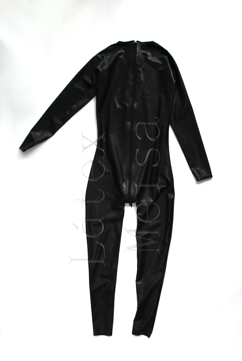 Black 100% natural latex catsuit Adult's latex bodysuit attached back zippers to abdomen with round neck