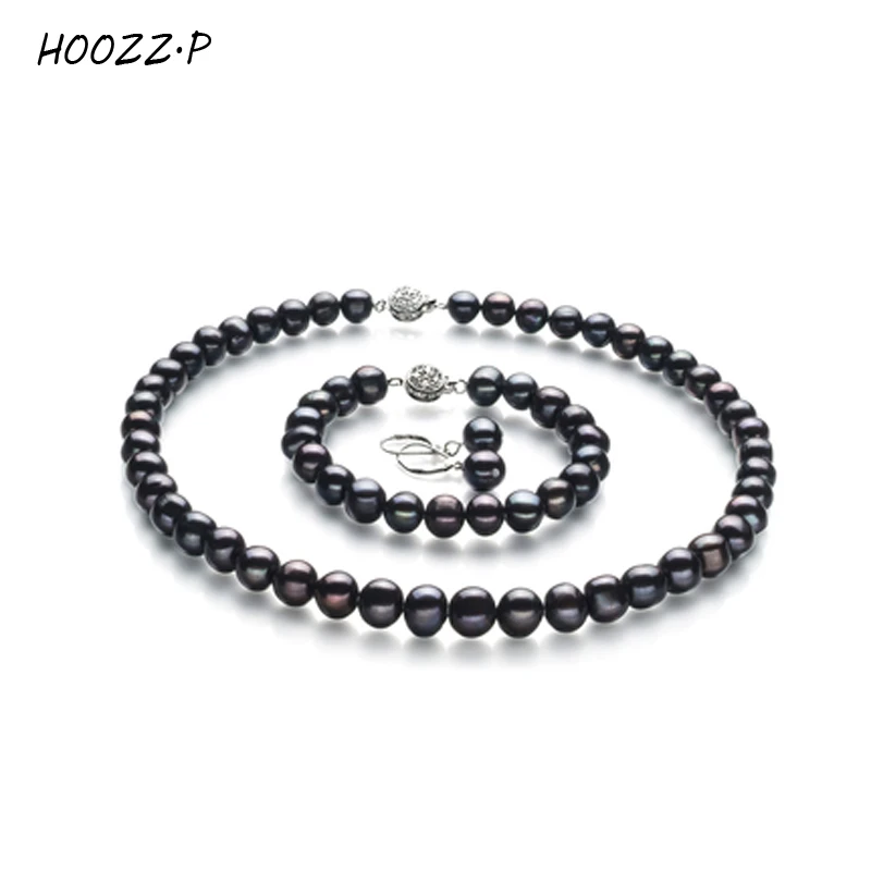 HOOZZ.P Pearl Jewelry Sets Freshwater Necklace Bracelet Earrings Set  For Women Gift 9-10mm Black White Pearl