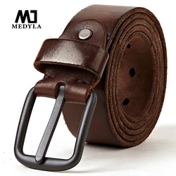 MEDYLA genuine leather belts for men Soft Natural Cowhide Mens Belt Hard Metal Metal Matt Black Buckle Real Leahter brown Belt