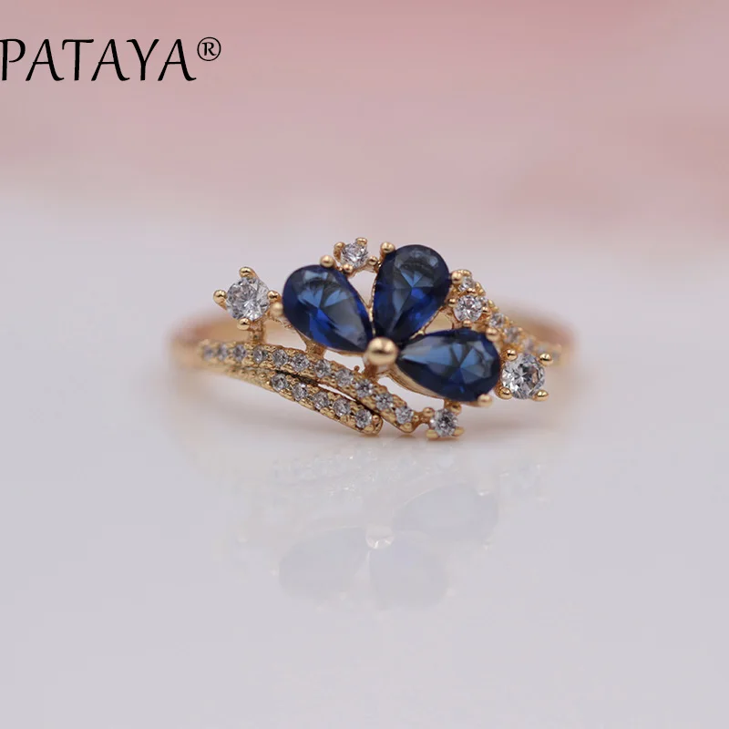 PATAYA New Arrivals 585 Rose Gold Color Micro-wax Inlay Green Water Drop Natural Zircon Rings Women Wedding Party Trendy Jewelry