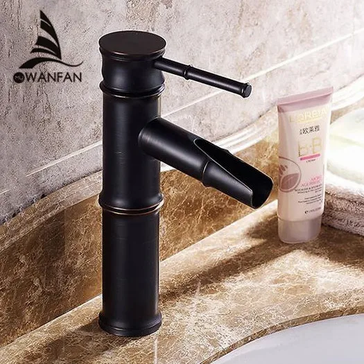 Basin Faucets Brass Oil Rubbed Bronze Bamboo Waterfall Bathroom Sink Faucet Deck Bathbasin Retro Black Mixer Water Tap SY-326R