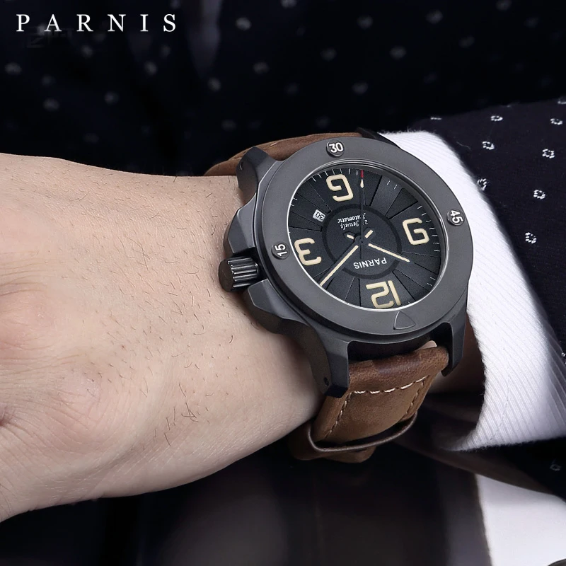 Casual Parnis 47mm Military Mechanical Watches Mens Top Brand Luxury Automatic Watch Sapphire Crystal Leather Band 2021 Box Gift